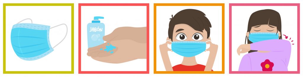 4 viñetas, de izquierda a derecha: viñeta 1: cubrebocas, viñeta 2: limpieza de manos con gel, viñeta 3: colocación de cubrebocas sobre la cara, viñeta 4: icono de niña tosiendo hacia su antebrazo, con cobrebocas