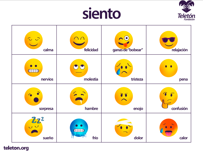 Esta es una imagen de un tablero de comunicación. Hasta arriba está la palabra “Siento”. Abajo hay 16 imágenes de emojis, con textos descriptivos. Es un cuadro de 4 por 4. Fila 1, imagen 1: Emoji con los ojos cerrados y una sonrisa, el texto: “Calma” Fila 1, imagen 2: Emoji sonriente, el texto: “Felicidad” Fila 1, imagen 3: Emoji con un ojo cerrado y la lengua de fuera, el texto: “Ganas de bobear” Fila 1, imagen 4: Emoji con lentes oscuros, el texto: “Relajación” Fila 2, imagen 1: Emoji mostrando los dientes en una sonrisa recta, el texto: “Nervios” Fila 2, imagen 2: Emoji con los ojos hacia arriba y la boca en línea recta, el texto: “Molestia” Fila 2, imagen 3: Emoji con una lágrima y mueca de tristeza, el texto: “Tristeza” Fila 2, imagen 4: Emoji sin boca, el texto: “Pena” Fila 3, imagen 1: Emoji con la boca abierta, el texto: “Sorpresa” Fila 3, imagen 2: Emoji con la boca abierta, sacando baba, el texto: “Hambre” Fila 3, imagen 3: Emoji con cara de enojo, el texto: “Enojo” Fila 3, imagen 4: Emoji con mirada dubitativa, el texto: “Confusión Fila 4, imagen 1: Emoji con los ojos cerrados, dormido, el texto: “Sueño” Fila 4, imagen 2: Emoji color azul, congelado, el texto: “Frío” Fila 4, imagen 3: Emoji con una venda en la cabeza y cara de tristeza, el texto: “Dolor” Fila 4, imagen 4: Emoji color rojo, con sudor, la lengua de fuera, el texto: “Calor”