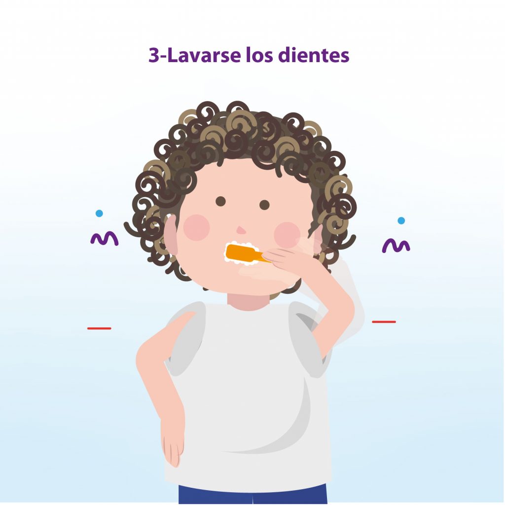 Ilustración de niño lavando sus dientes, con el texto: "Paso 2: Lavarse los dientes"