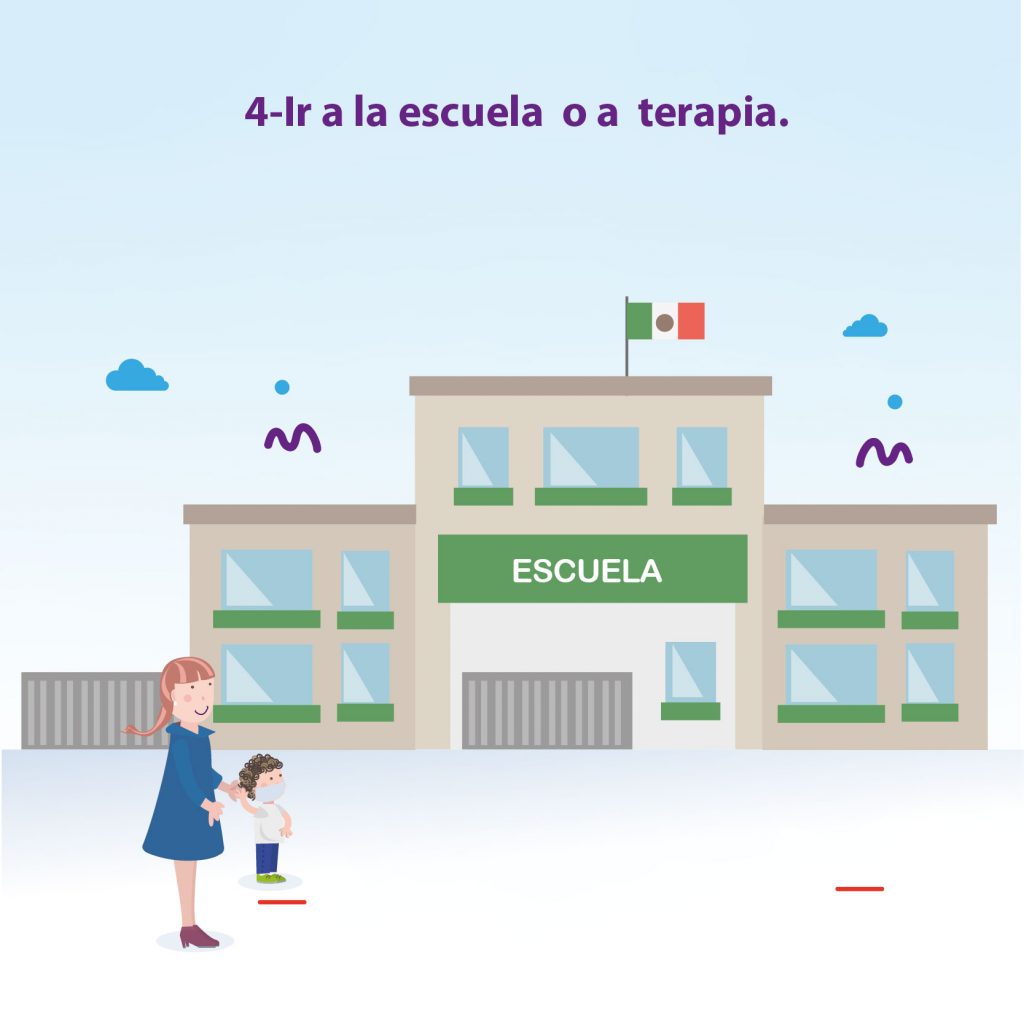 Ilustración de niño llegando a la escuela acompañado de su mamá, con el texto: "Paso 4: Ir a la escuela o a terapia"