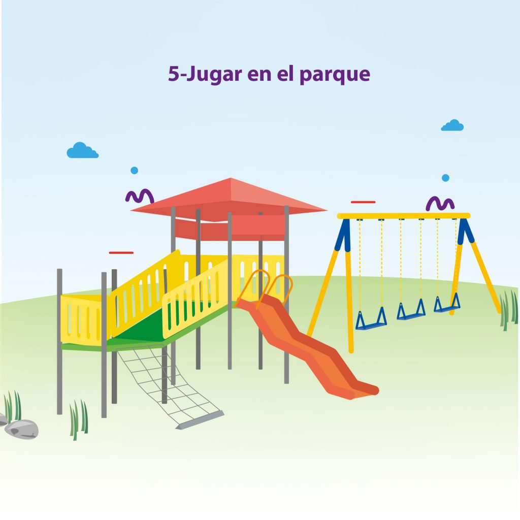 Ilustración de los juegos de un parque, tres columpios, una resbaladilla, con el texto: "Paso 5: jugar en el parque"