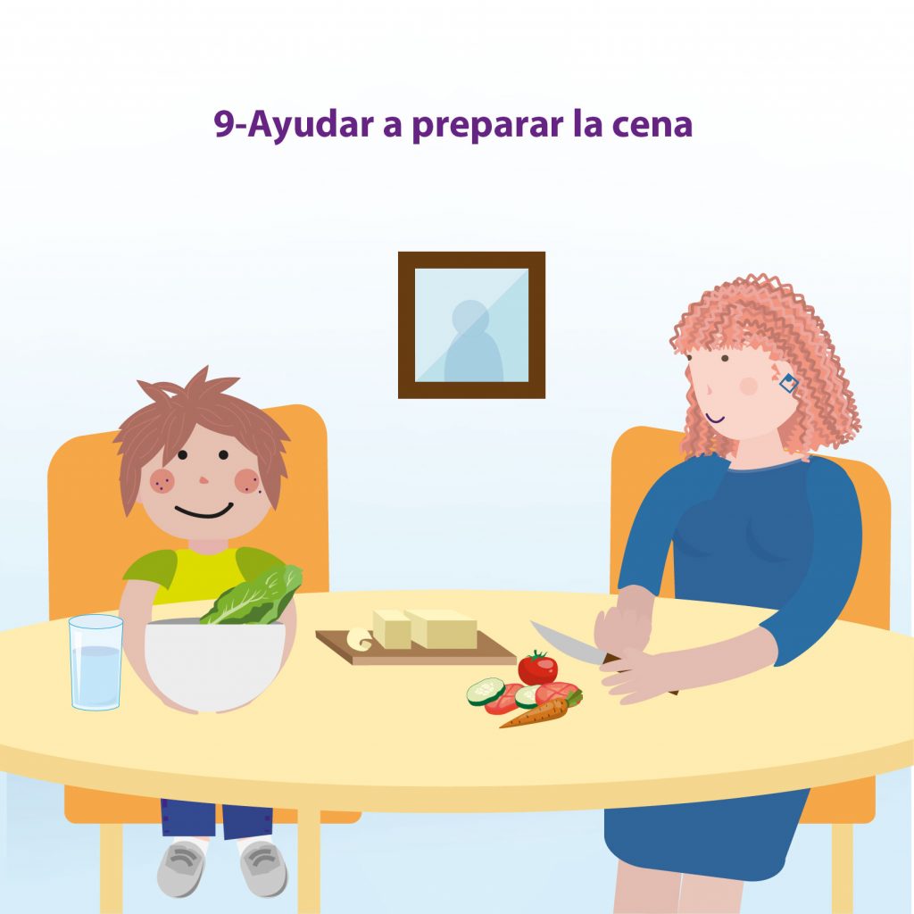 Ilustración de un niño y su mamá preparando un sándwich, con el texto: "Paso 9: ayudar a preparar la cena"