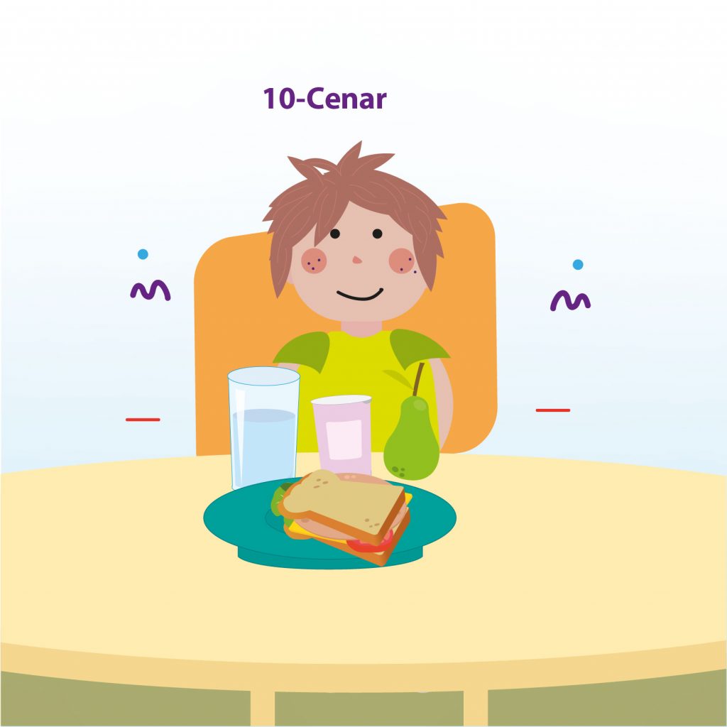 Ilustración de un niño sentado a la mesa frente a un sándwich, con el texto: "Paso 10: cenar"