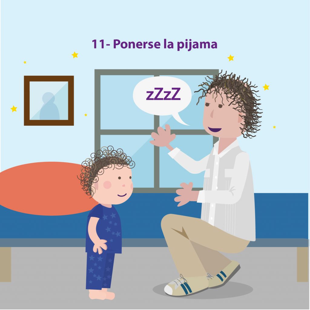 Ilustración de un niño en pijama, de pie, frente a su madre, con el texto: "Paso 11: ponerse la pijama"