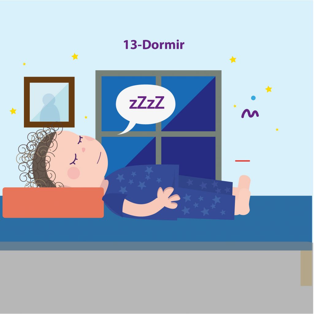 Ilustración de niño acostado en la cama, dormido, con el texto: "Paso 13: dormir"