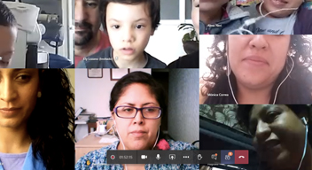 Captura de pantalla donde aparecen los rostros de varios niños y niñas del CAT y sus padres durante el taller de apoyo psicológico