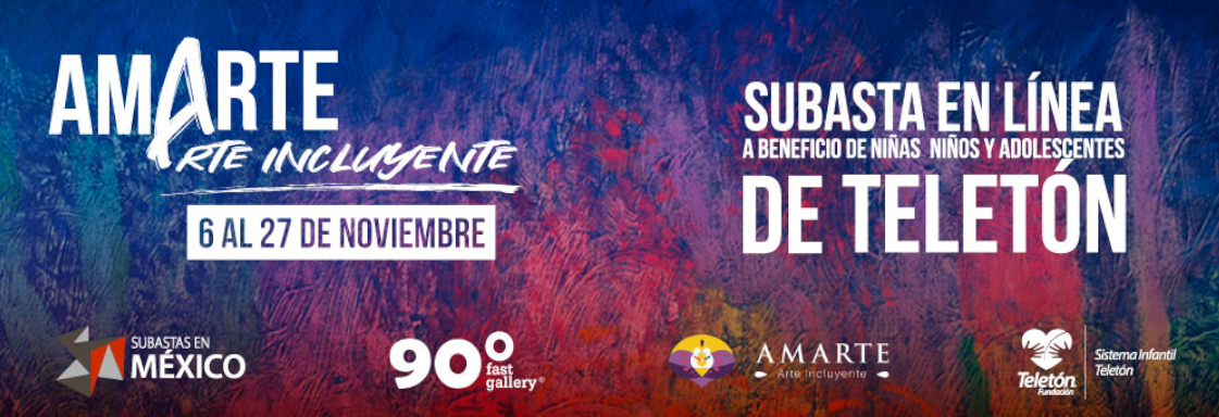 Fondo de colores con texto blanco, que lee: Amarte Arte Incluyente, del 6 al 27 de noviembre, subasta en línea