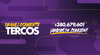 Diseño de fondo morado con texto: Orgullosamente tercos. $380,679,601 recaudados. ¡Gracias de corazón!