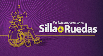 Ilustración de una silla de ruedas amarilla sobre un fondo morado. Diseño del texto: Día internacional de la Silla de Ruedas