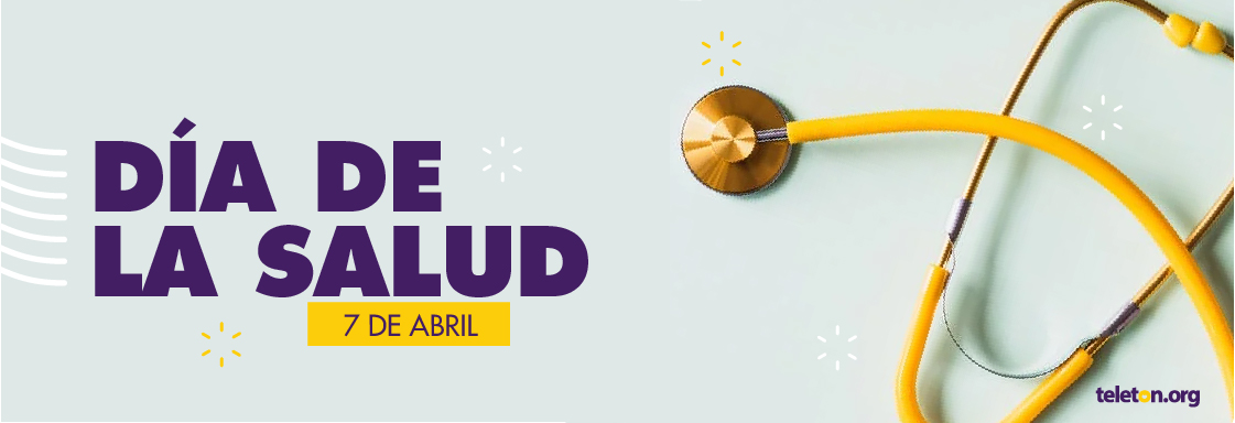 Imagen decorativa. Fondo: una fotografía de un estetoscopio. Al frente: texto que lee "Día de la Salud, 7 de abril".