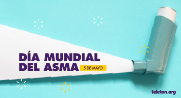 Diseño azul con blanco. Tiene la imagen de un inhalador y el texto: Día mundial del asma. 5 de mayo.