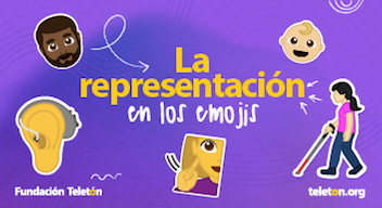 Diseño con fondo morado y texto en blanco que dice: La representación en los emojis. Hay siete emojis decorativos: una oreja con un implante coclear, un corazón rojo, un hombre de tez morena y barba, un bebé sonriente, dos manos, una mujer de cabello rubio hablando con lengua de señas y una mujer con debilidad visual utilizando un bastón de apoyo.