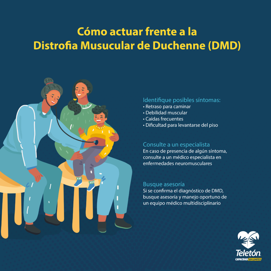 Imagen con el título “Cómo actuar frente a la Distrofia Muscular de Duchenne (DMD)”, en el lado izquierdo una ilustración de una madre cargando a su hijo siendo revisado por una doctora. Del lado derecho el texto: “Identifique posibles síntomas: Retraso para caminar, Debilidad muscular, Caídas frecuentes y Dificultad para levantarse del piso. Consulte a un especialista. En caso de presencia de algún síntoma, consulte a un médico especialista en enfermedades neuromusculares. Busque asesoría. Si se confirma el diagnóstico de DMD, busque asesoría y manejo oportuno de un equipo médico multidisciplinario”. En la parte inferior derecha se muestra el logo de Teletón.