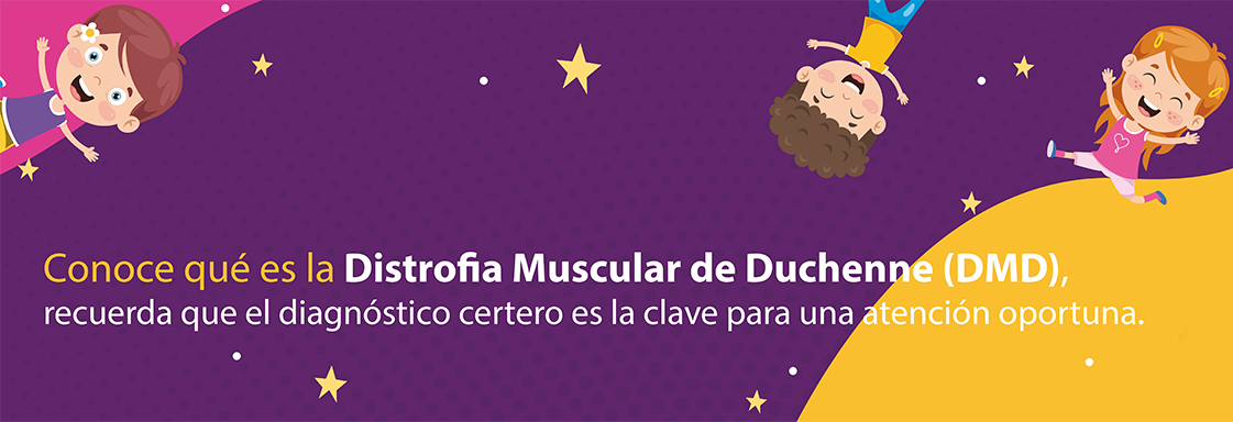 Diseño de portada. Fondo morado y amarillo con texto: Conoce la Distrofia Muscular de Duchenne: recuerda que el diagnóstico certero es la clave para una atención oportuna