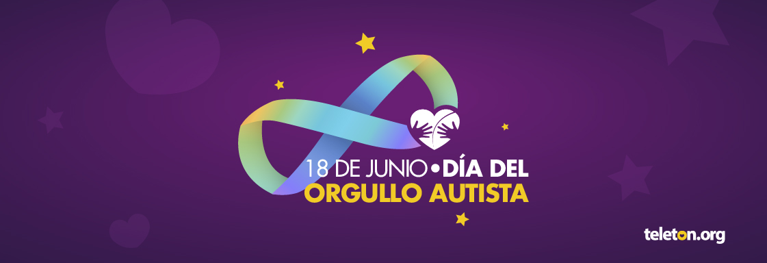 Imagen con símbolo del infinito formado con colores del arcoíris. Abajo del símbolo dice: Día del Orgullo Autista 18 de junio