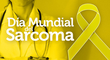Imagen con filtro amarillo de una fotografía de una doctora y el texto Día Mundial del Sarcoma. Al lado del texto un listón amarillo.