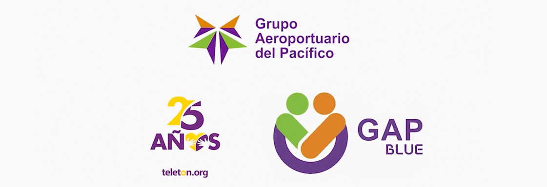 Diseño con fondo blanco y tres logos: el primero, de Fundación Teletón, el segundo, del Grupo Aeroportuario del Pacífico, el tercero de GAP Blue