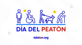 Imagen con ilustración de cuatro personas con discapacidad, una con prótesis en una pierna, otra en silla de ruedas, otra con perro de apoyo y otra con bastón. Debajo de ellas el texto Día del Peatón.