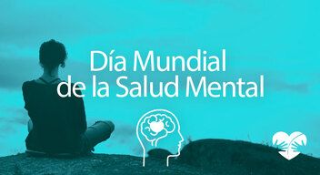 imagen con foto en filtro azul de una mujer sentada a la orilla del mar y encima el texto Día Mundial de la Salud Mental