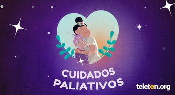 Imagen con ilustración de una madre cargando en brazos a su hija y el texto cuidados paliativos