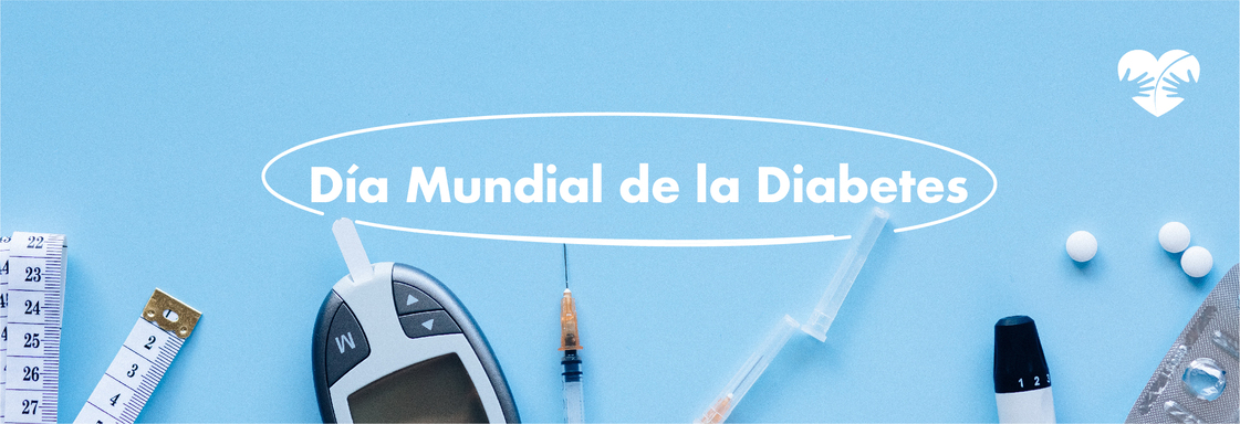 Fotografía de jeringa, glucómetro, cinta métrica y pastillas con el texto Día Mundial de la Diabetes
