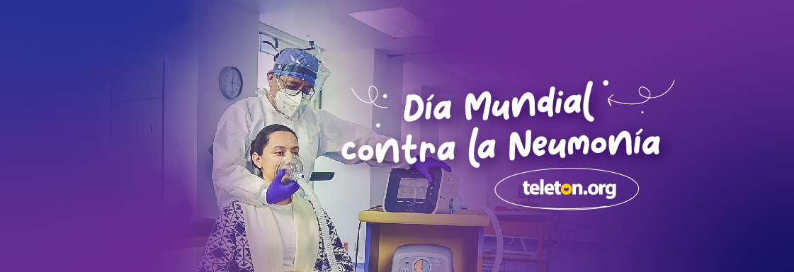 Imagen con fotografía de un médico realizando a una paciente rehabilitación pulmonar con el texto Día Mundial de la Neumonía