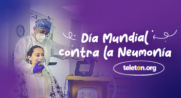 Imagen con fotografía de un médico realizando a una paciente rehabilitación pulmonar con el texto Día Mundial de la Pulmonía