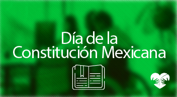 Imagen con fotografía de una persona en silla de ruedas realizando un trámite y encima el texto que dice Día de la Constitución Mexicana