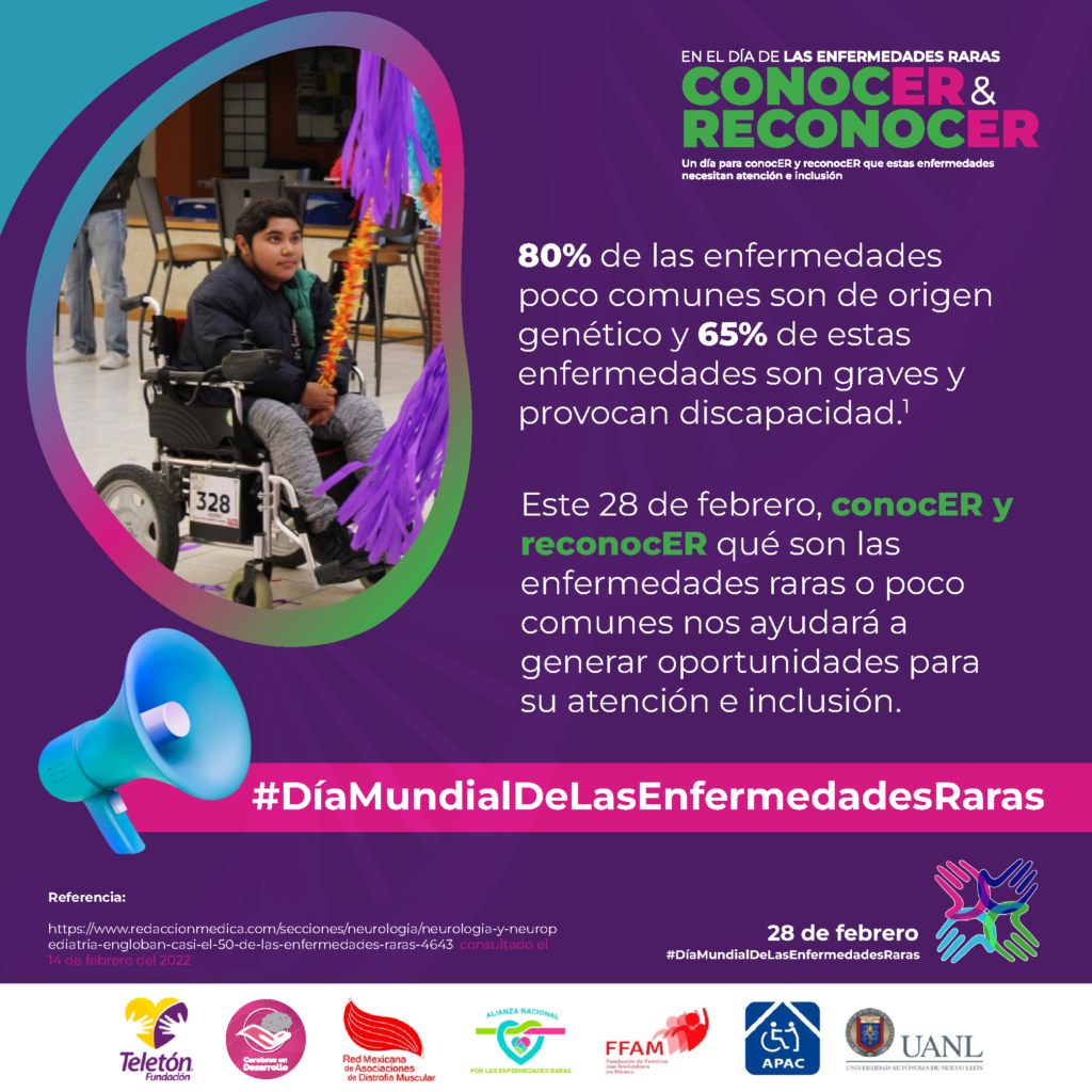 80% de las enfermedades poco comunes son de origen genético y 65% de estas enfermedades son graves y provocan discapacidad. Este 28 de febrero, conocer y reconocer qué son las enfermedades raras o poco comunes nos ayudará a generar oportunidades para su atención e inclusión. #DíaMundialDeLasEnfermedadesRaras