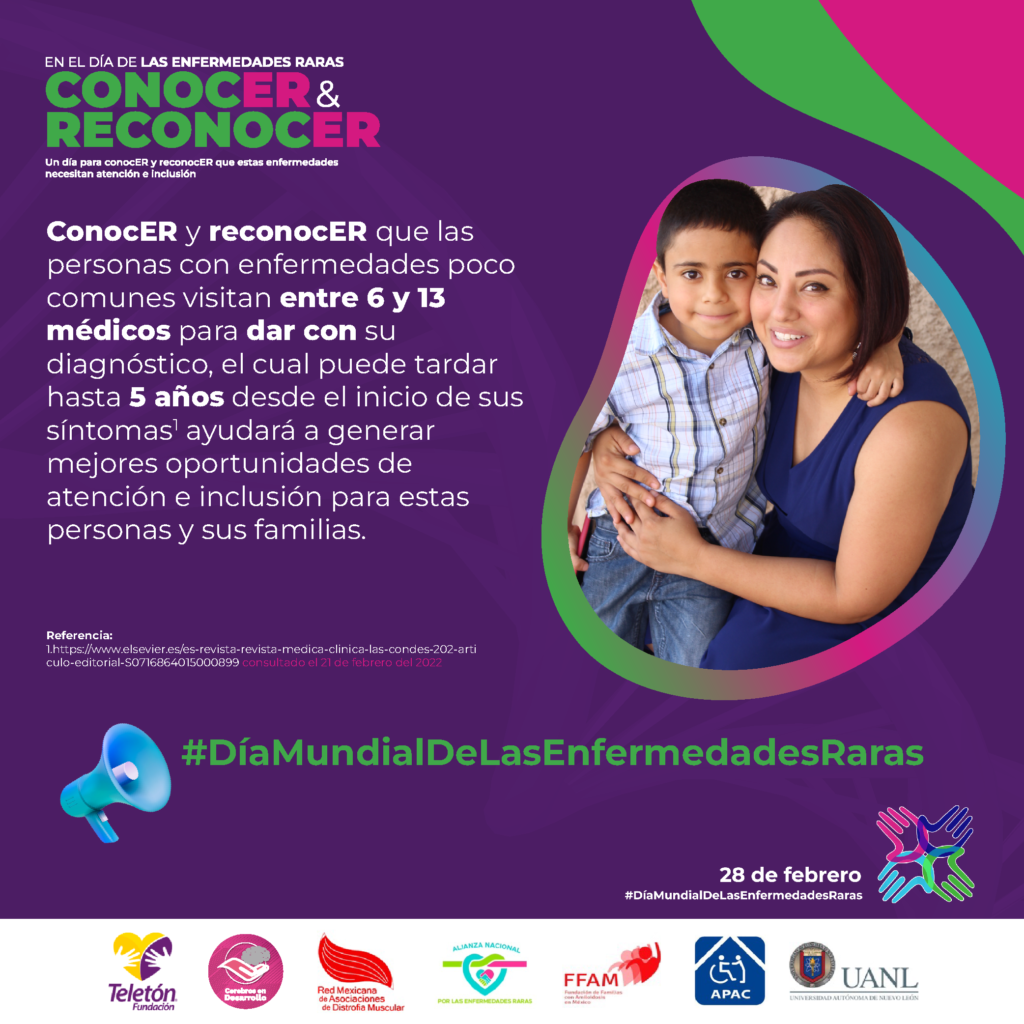 Conocer y reconocer que las personas con enfermedades raras visitan entre 6 y 13 médicos para dar con su diagnóstico, el cual puede tardar hasta 5 años desde el inicio de sus síntomas ayudará a generar mejores oportunidades de atención e inclusión para estas personas y sus familias. #DíaMundialDeLasEnfermedadesRaras