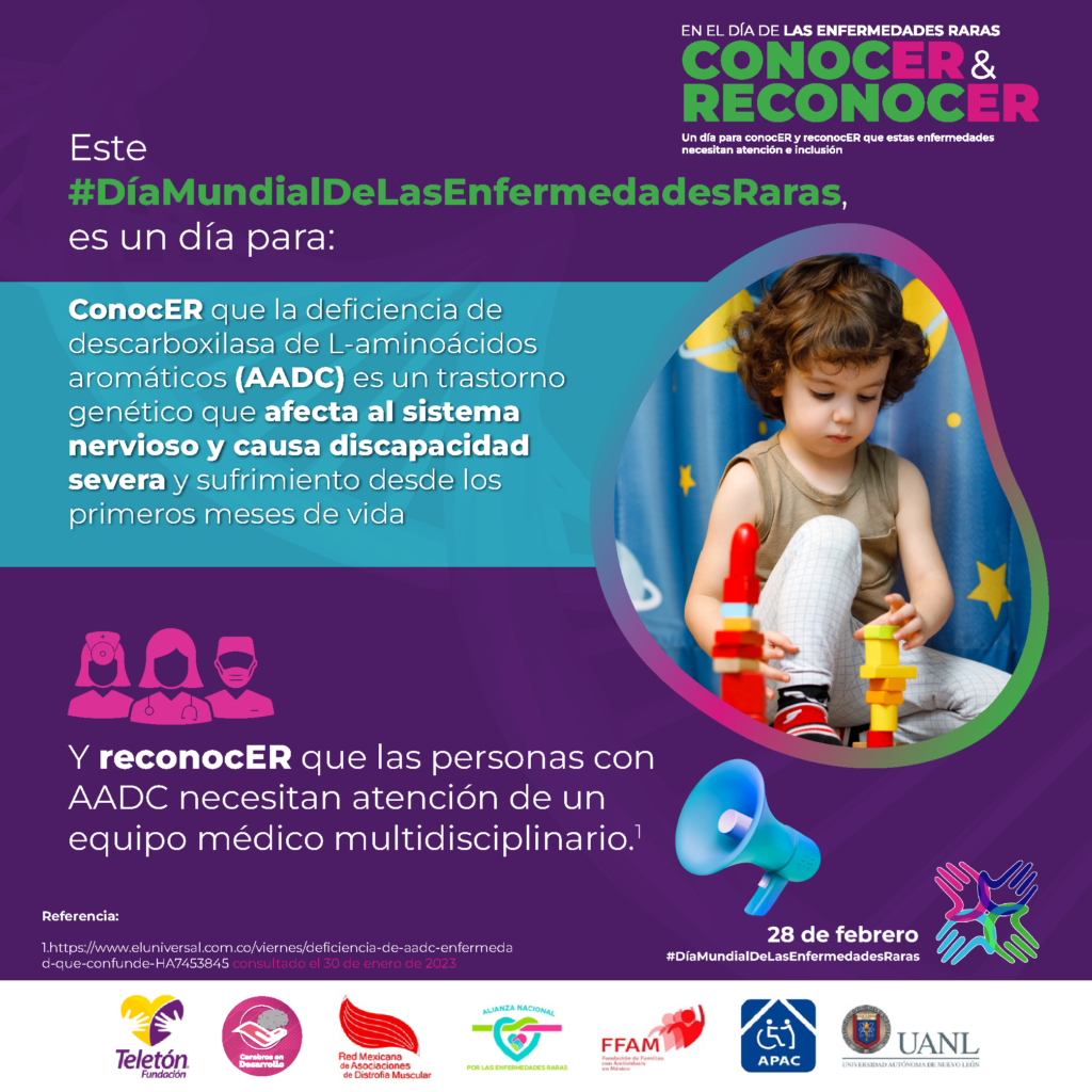 Este #DíaMundialDeLasEnfermedadesRaras es un día para conocer que la deficiencia de descarboxilasa de L-aminoacidos (AADC) es un trastorno genético que afecta al sistema nervioso y causa discapacidad severa desde los primeros meses de vida. Y reconocer que las personas con AADC necesitan atención de un equipo médico multidisciplinario.
