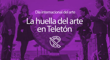 Imagen con foto en filtro morado de un grupo de personas con una escultura en forma de corazón y encima el texto en blanco que dice Día Internacional del arte LA huella del arte en Teletón