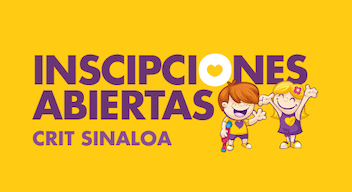 Imagen de portada. Texto morado sobre fondo amarillo, que lee: inscripciones abiertas CRIT Sinaloa. A un lado hay una ilustración de un niño usuario de un bastón y una niña usuaria de silla de ruedas