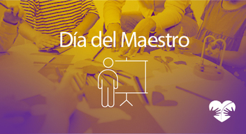 Foto con filtro naranja de una mesa con varios niños dibujando y encima el texto en blanco que dice Día del Maestro