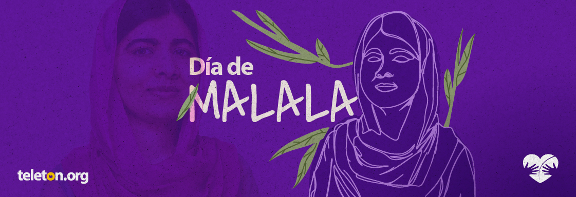 Imagen de fondo morado con ilustración de la silueta de Malala en blanco y a un lado del texto Día de Malala