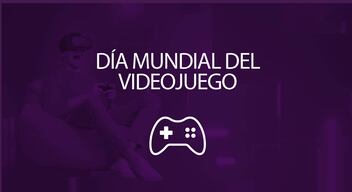 Foto con filtro morado de un hombre jugando con una consola de videojuegos y encima el texto en blanco que dice Día Mundial del Videojuego