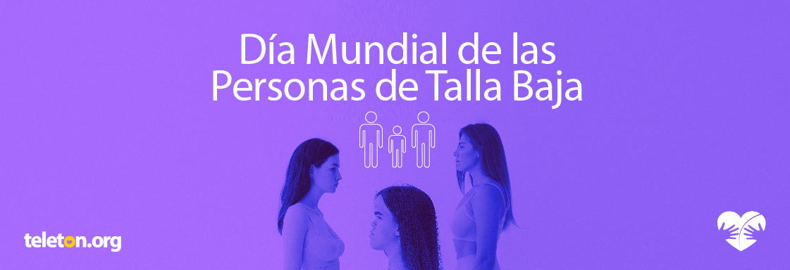 Imagen con filtro morado de tres mujeres de talla baja y arriba el texto en blanco que dice: Día Mundial de las Personas de Talla Baja