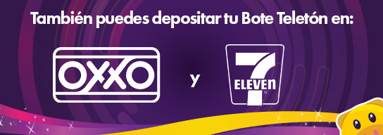 Diseño de texto blanco sobre fondo morado. El texto lee: También puedes depositar tu bote Teletón en Oxxo y 7-Eleven