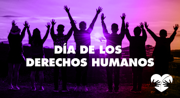 Imagen con personas agarradas de las manos alzando los brazos y encima el texto en blanco que dice: Día Mundial de los Derechos Humanos