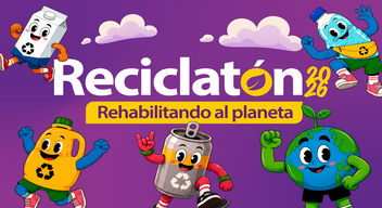 Imagen de portada para nota de Reciclatón. Sobre un fondo morado con verde aparece el texto: Reciclatón. La letra o es un símbolo de reciclaje (tres flechas que giran).