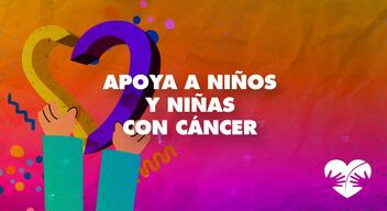 Ilustración corazón con texto Apoya a niños y niñas con cáncer