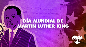 Ilustración de Martin Luther King con texto al lado: Día Mundial de Martin Luther King